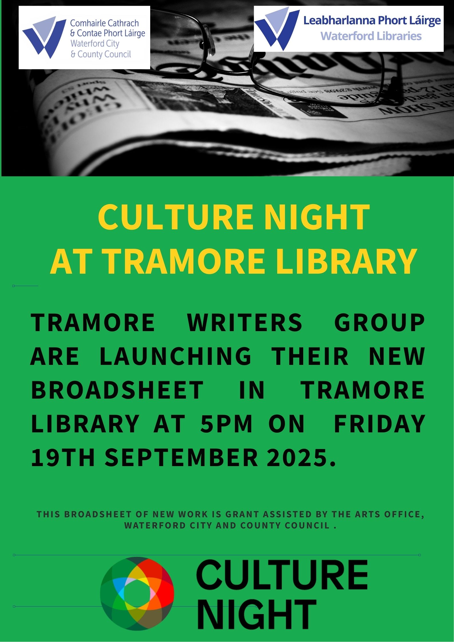 CULTURE NIGHT AT TRAMORE LIBRARY, 5PM FRIDAY 19TH SEPTEMBER 2025